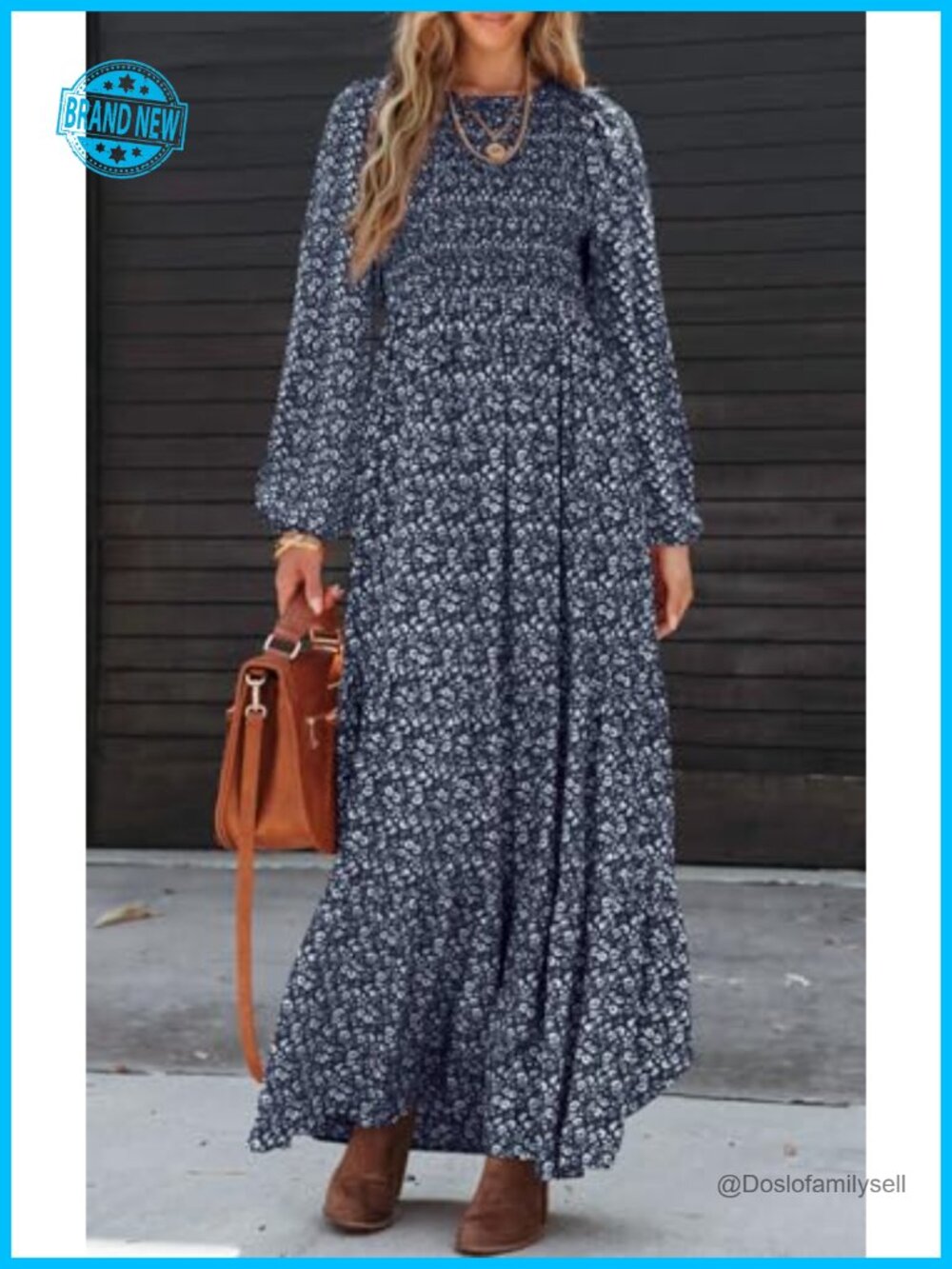 Long Sleeve Flowy Casual Floral Maxi Dress Smocked Tiered Swing Dress - Picture 3 of 6